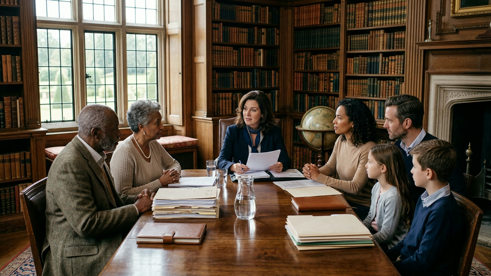 Three generations of an affluent family meeting with an estate attorney in a grand library, trust documents on a polished table