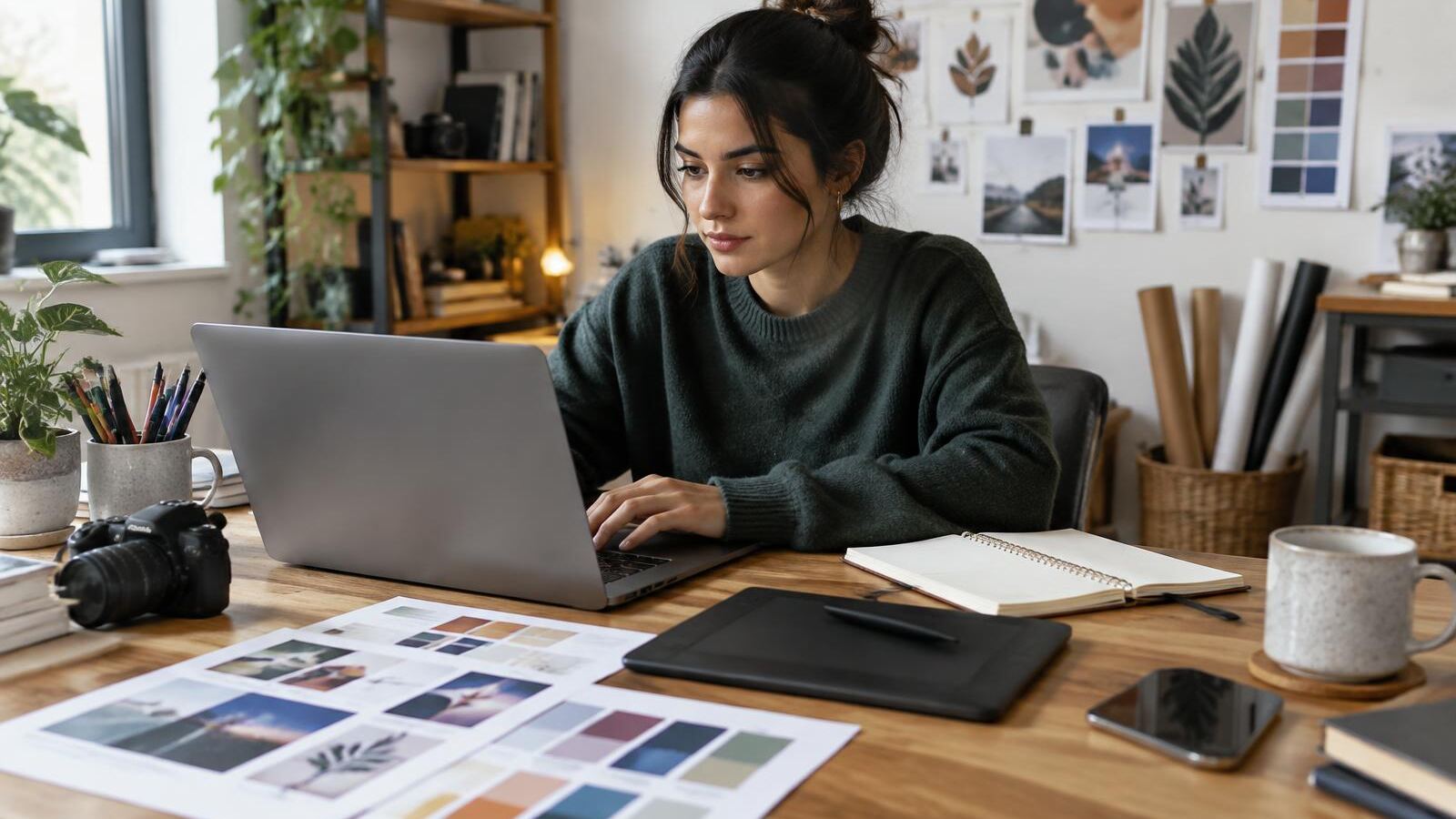 Freelance designer working at her home studio desk