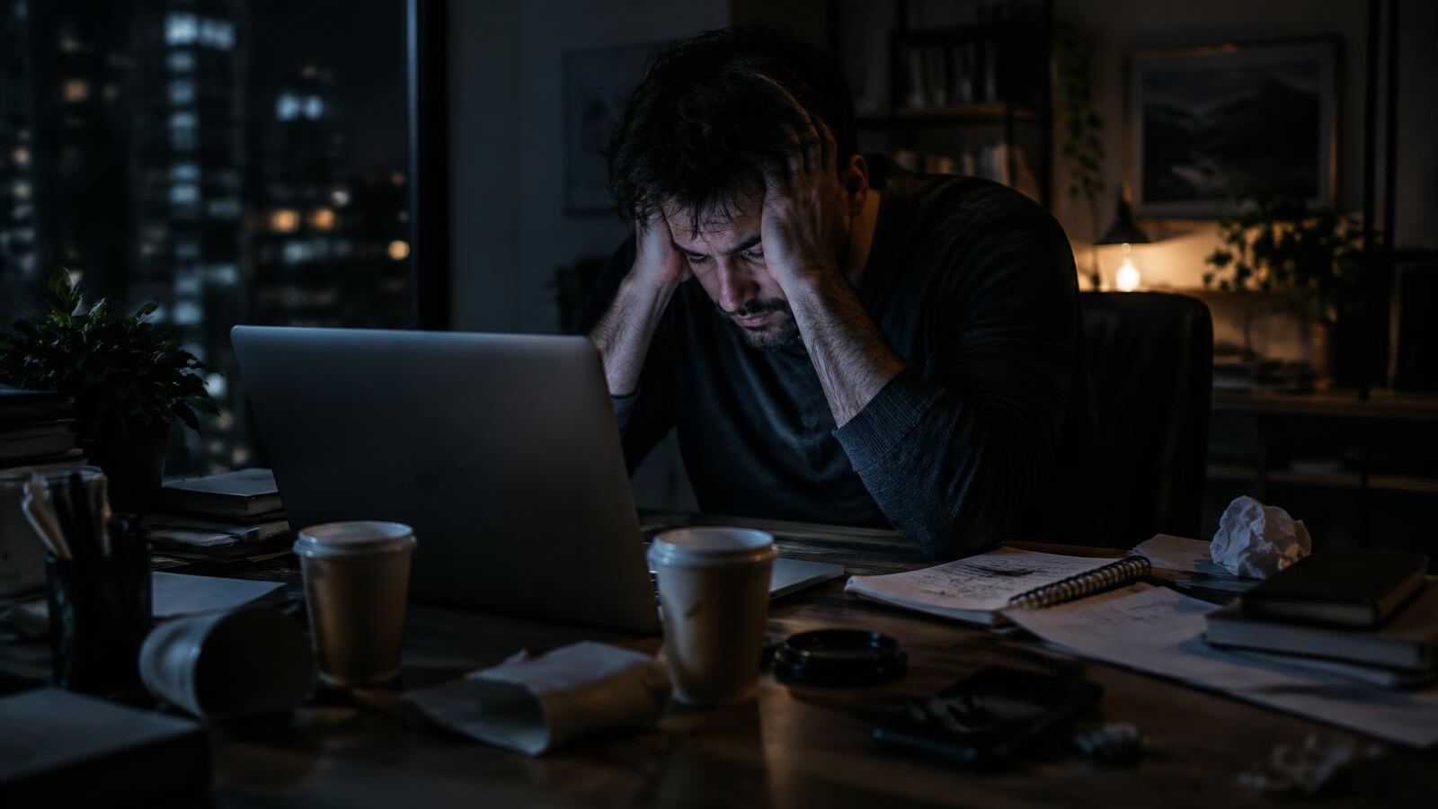Exhausted entrepreneur with his head in his hands at a desk late at night