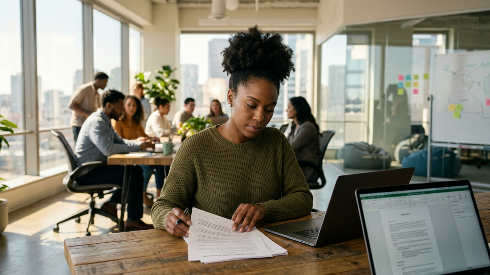 An employee at a modern startup office reviewing stock option grant papers at a laptop