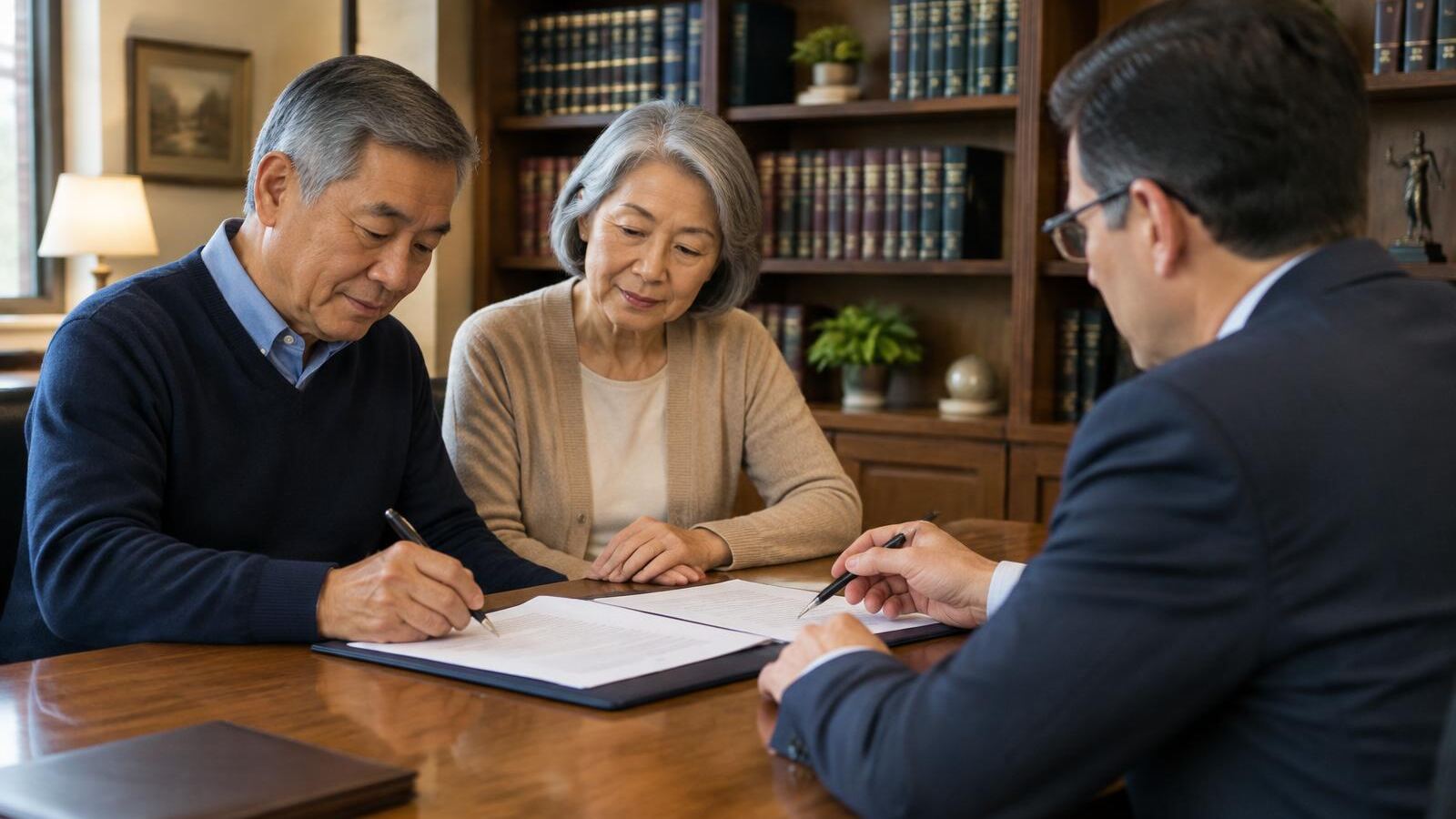 Older couple signing documents with an attorney