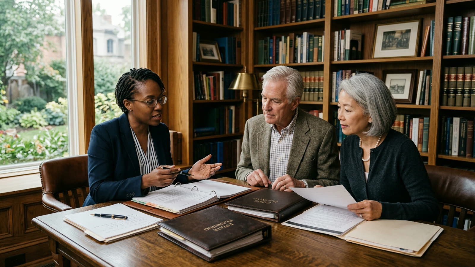 An estate attorney walking an older affluent couple through estate planning binders in a library office