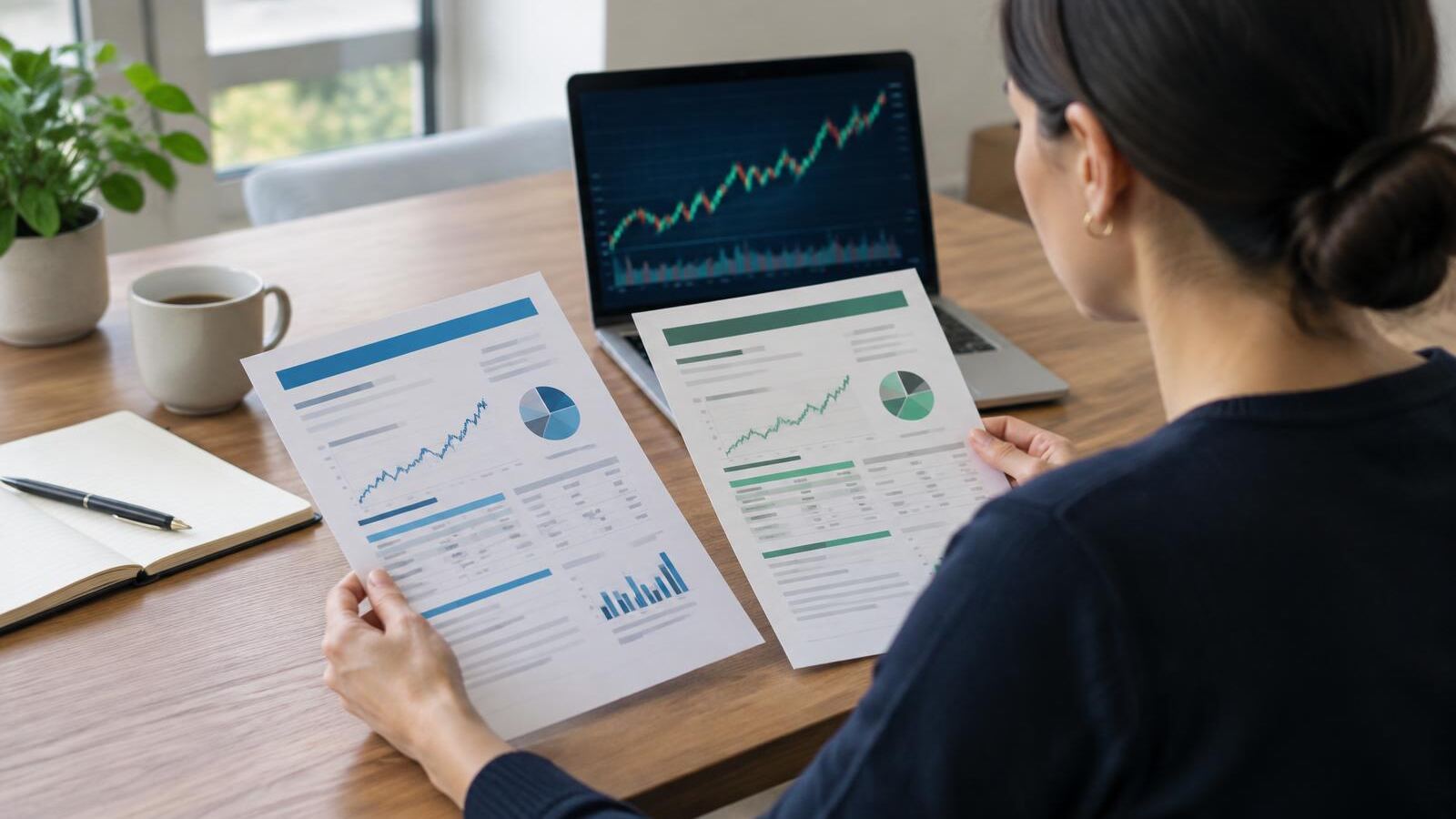 Woman comparing two investment fund fact sheets side by side