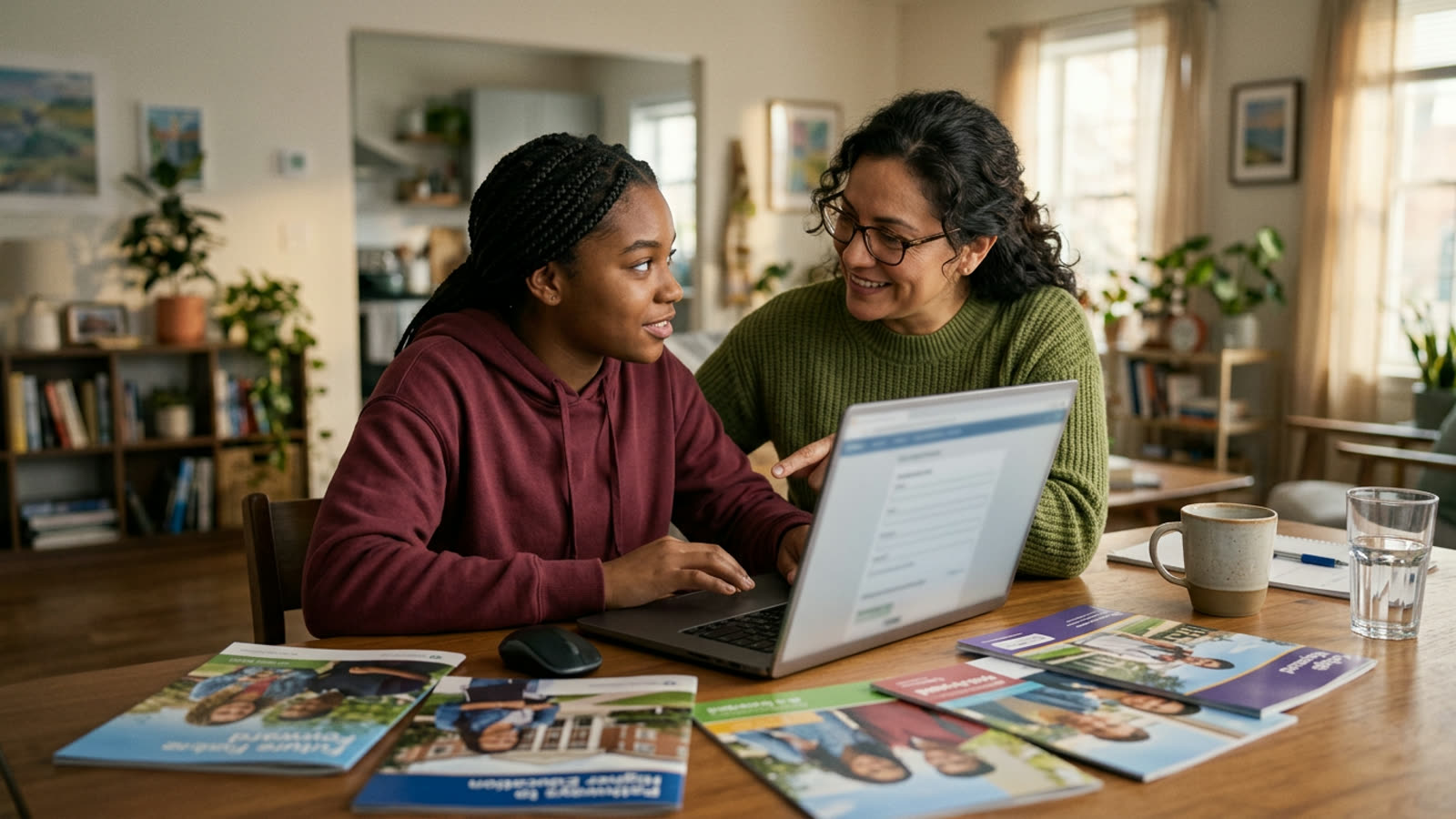 A high school senior and parent at a laptop filling in a college financial aid application, college brochures on the table