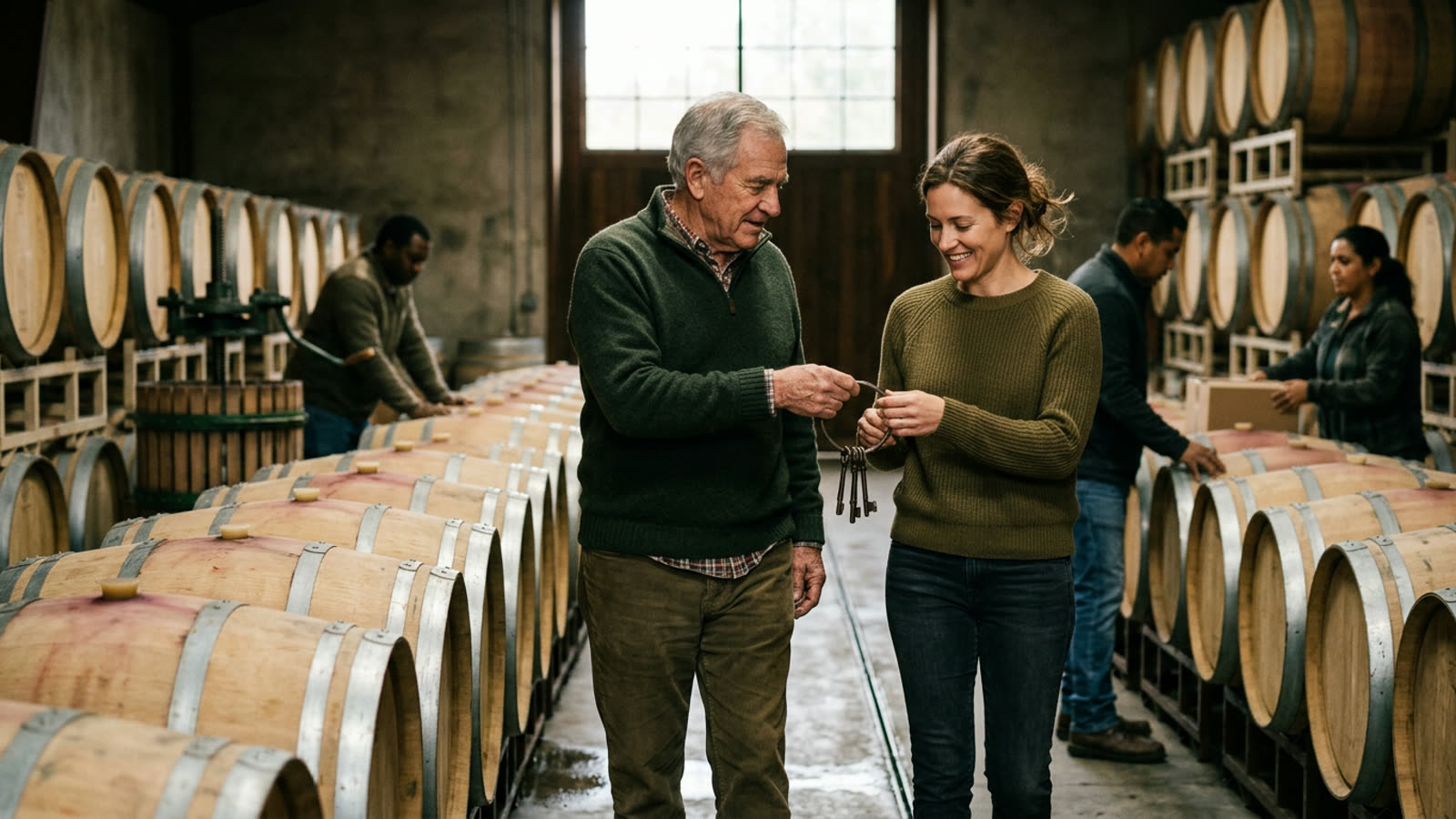 An older founder walking his adult daughter through the floor of their family winery, handing her a ring of keys among oak barrels