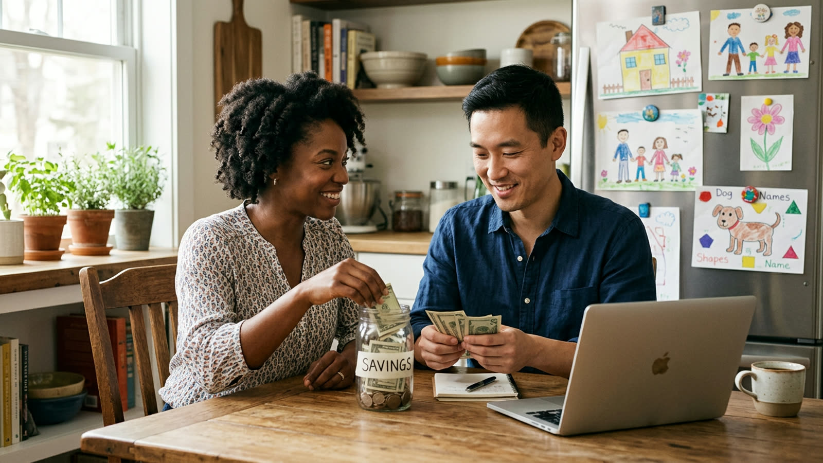 A couple at a dining table moving cash into a labeled savings jar beside a laptop, kids' drawings on the fridge behind