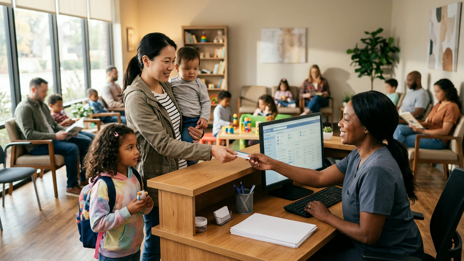A mother with two kids at a pediatrician's front desk handing over an insurance card, a calm clinic waiting room