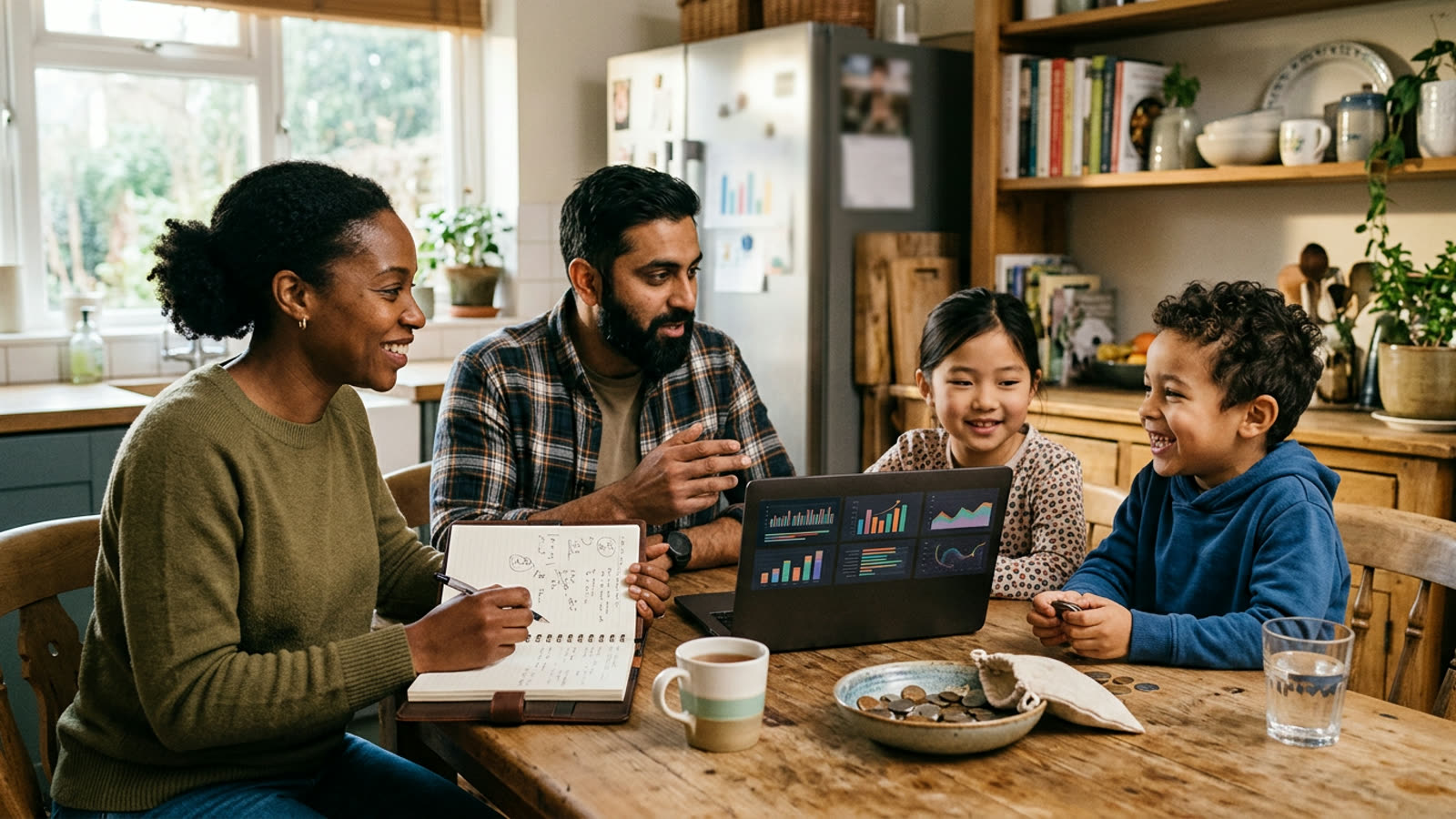 A family of four seated around a kitchen table holding a relaxed weekly money meeting with a notebook, coins and a laptop