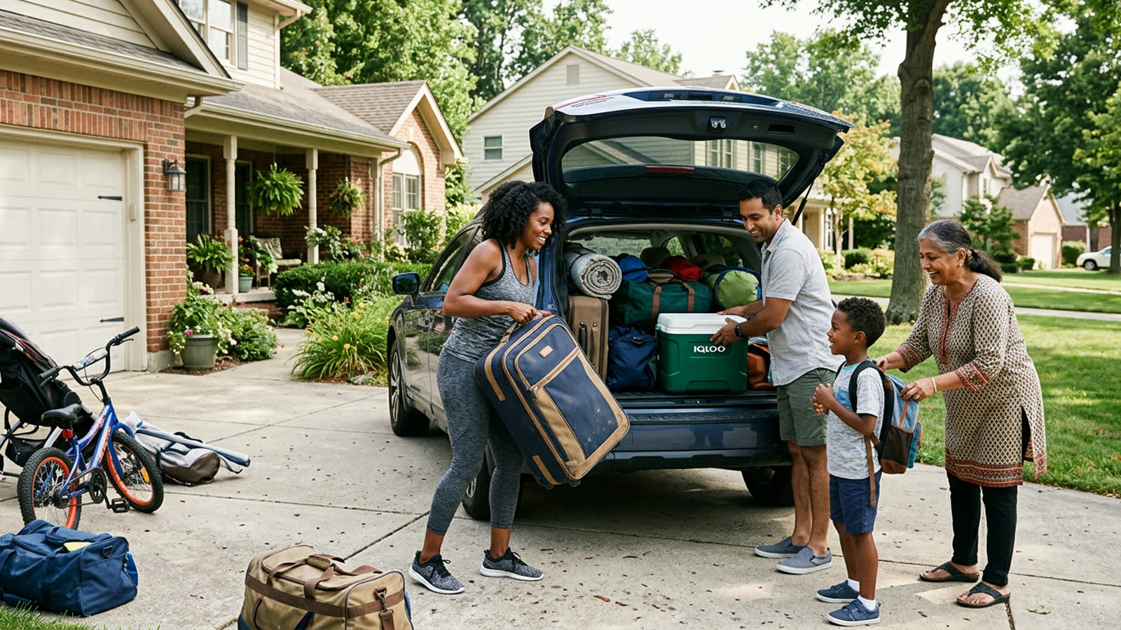 A family loading a car with suitcases and a cooler for a road trip in a suburban driveway