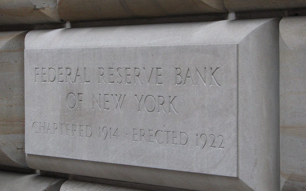 Engraved stone sign of the Federal Reserve Bank of New York