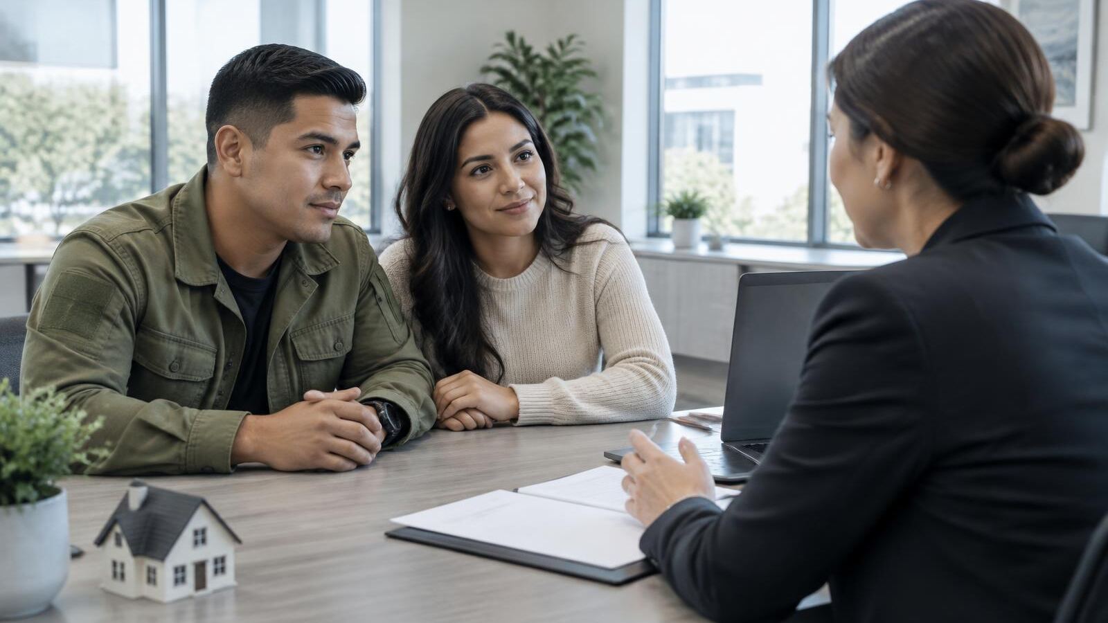 Young couple discussing home loan options with a loan officer in a bright office