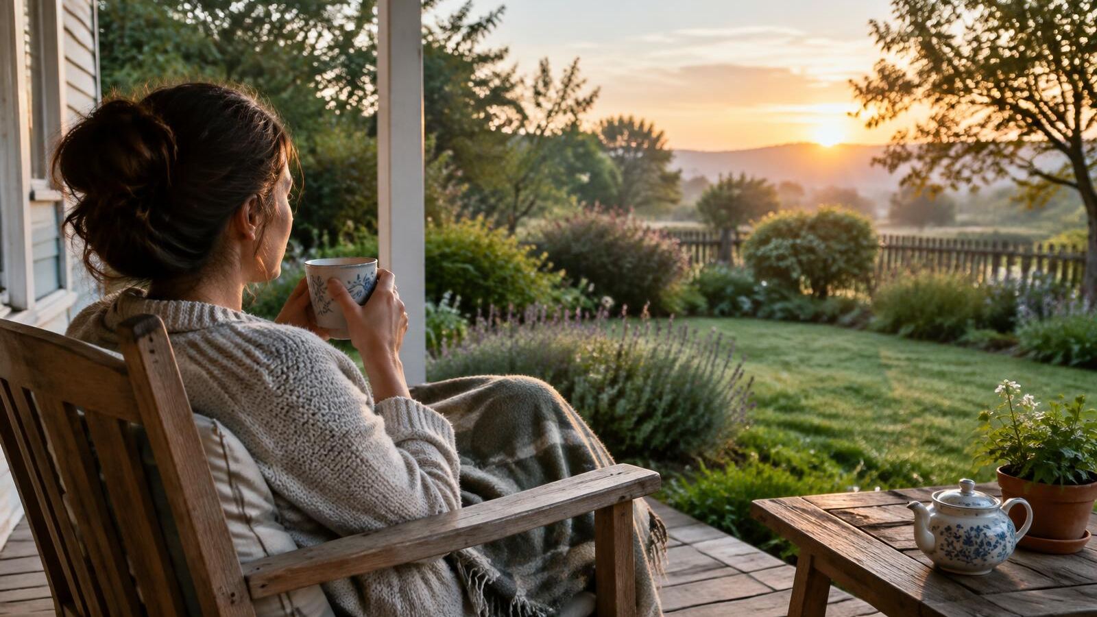 Woman sipping tea on a porch overlooking a garden at sunrise