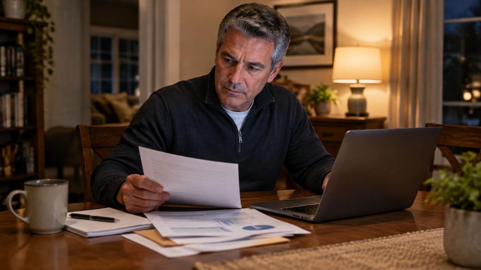 Man in his fifties reviewing retirement savings paperwork at home in the evening