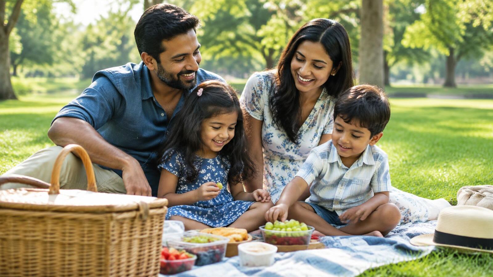 Family with two young children enjoying a picnic in the park