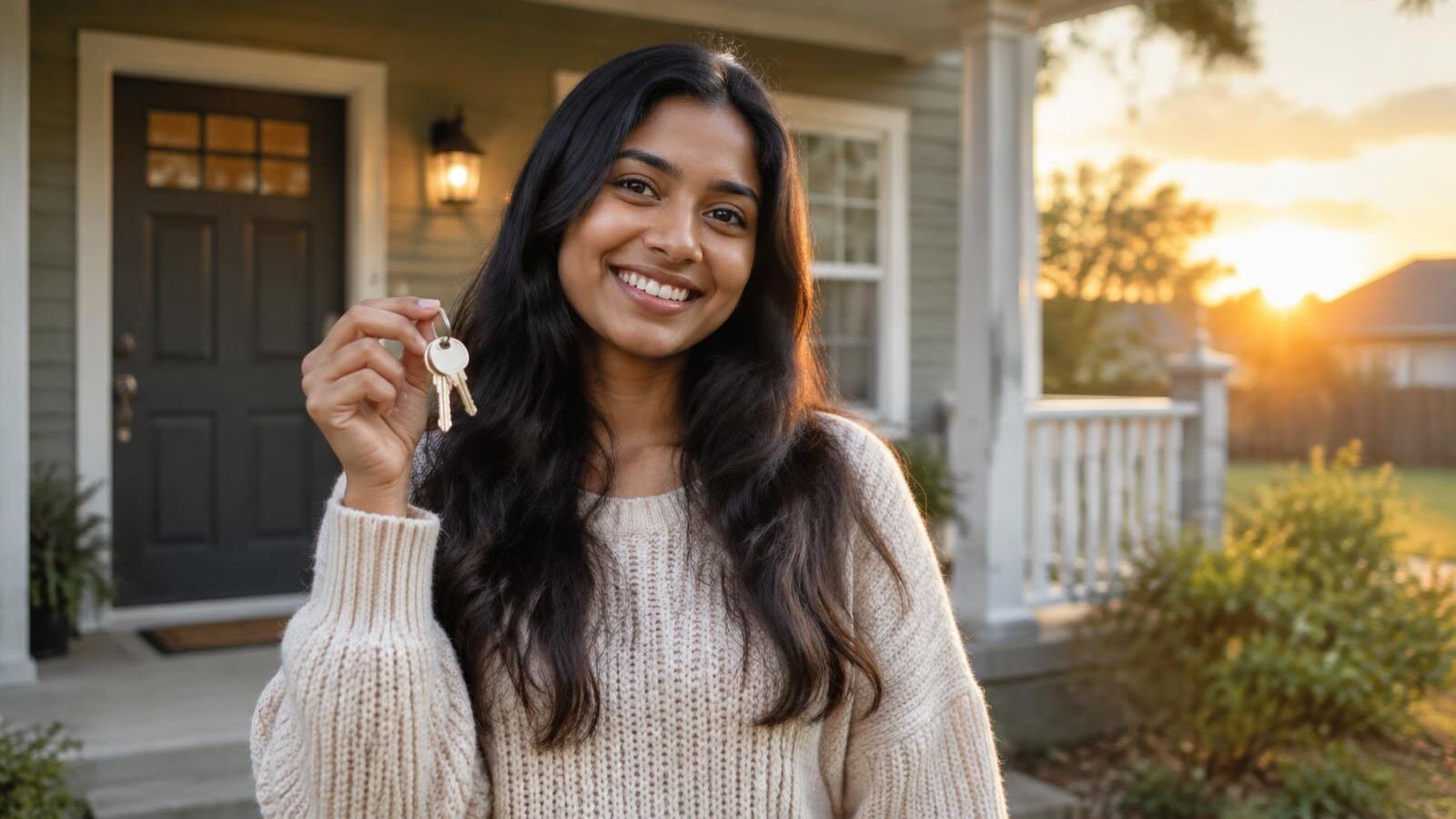 Smiling first-time buyer holding new house keys on the porch of a starter home at sunset