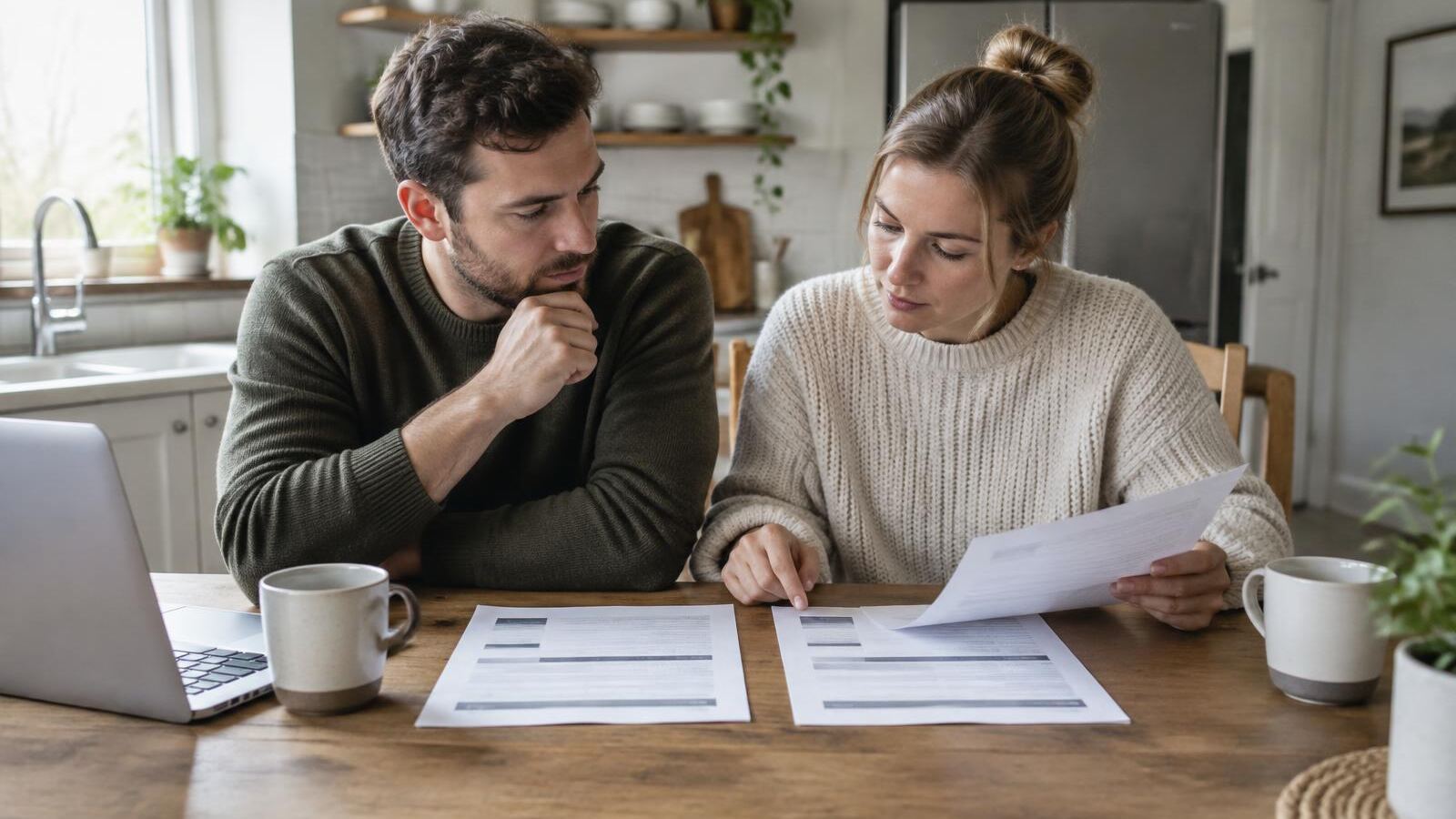 Couple comparing two mortgage offers side by side at a kitchen table