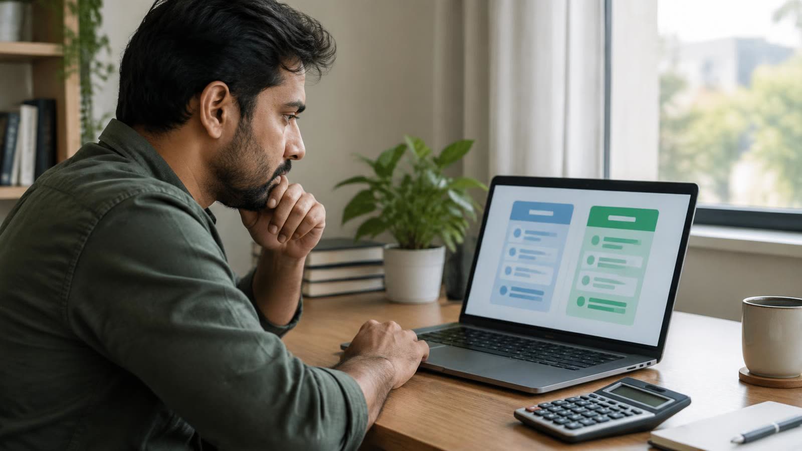 A man compares two plans side by side on his laptop with a calculator beside it