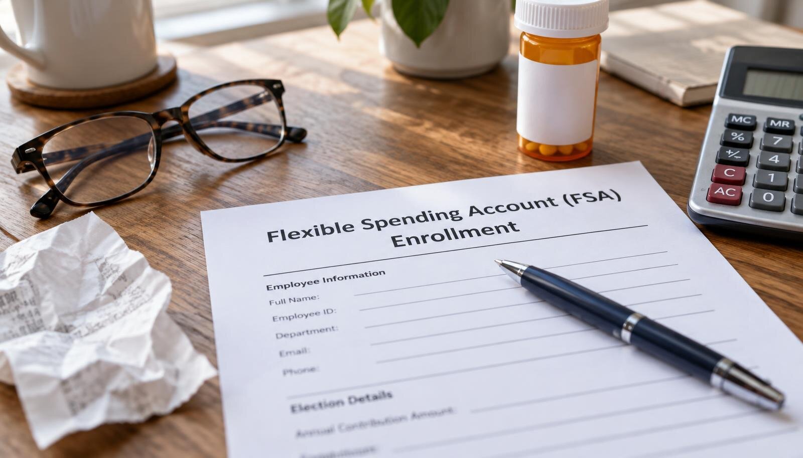 A Flexible Spending Account (FSA) enrollment form on a desk beside a pharmacy receipt, eyeglasses, a prescription bottle and a calculator