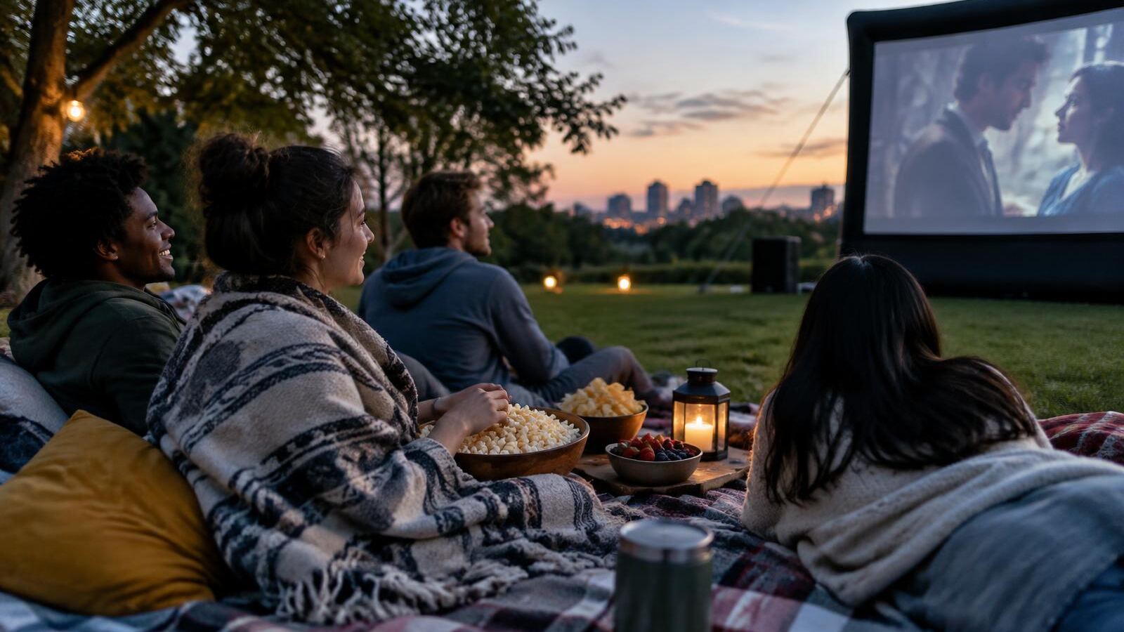 Friends enjoying a free outdoor movie night in a park