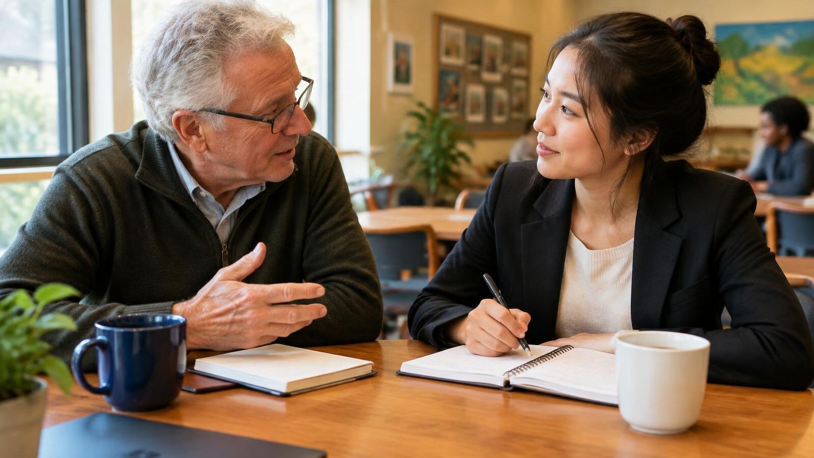 Retired mentor advising a young business owner over coffee