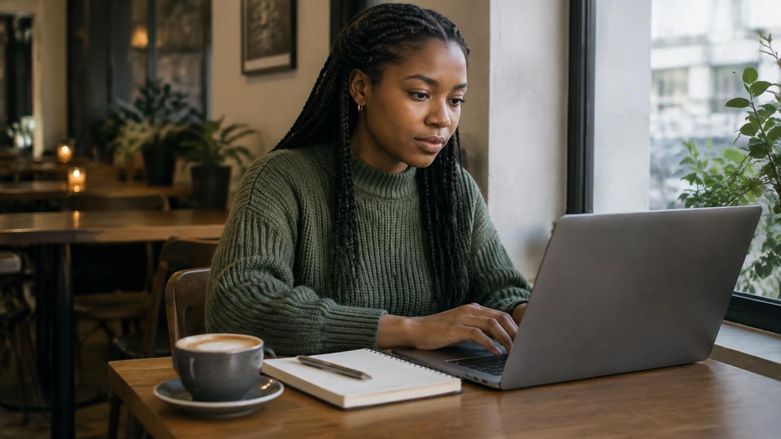 Woman writing on a laptop at a café table with a notebook and coffee