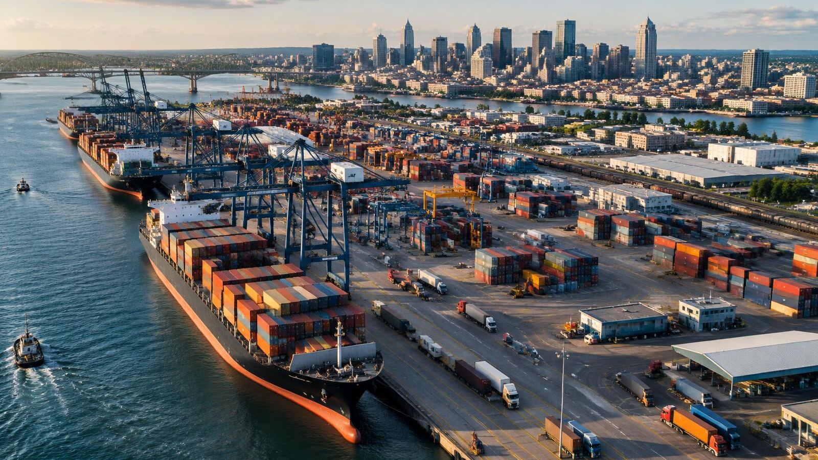 Aerial view of a busy container port with ships, cranes and trucks