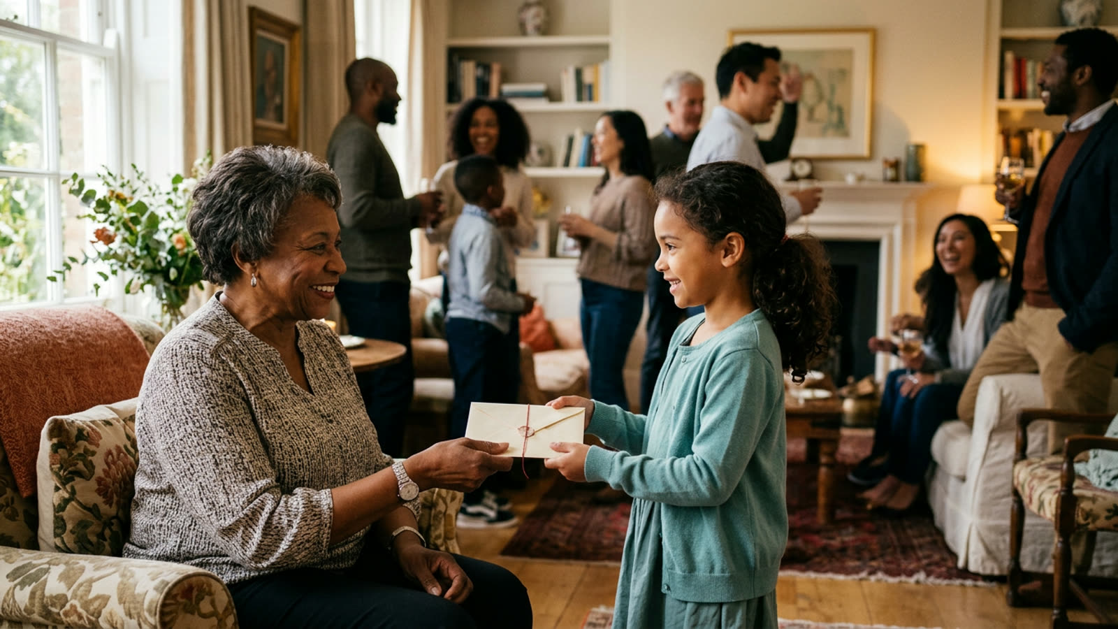A grandparent handing a gift envelope to a grandchild at a family gathering in an elegant home