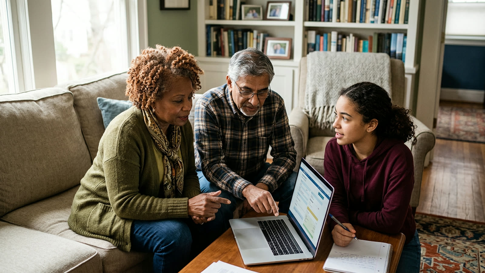 Grandparents sitting with their teenage grandchild at a laptop, setting up a college savings account together in a cozy living room