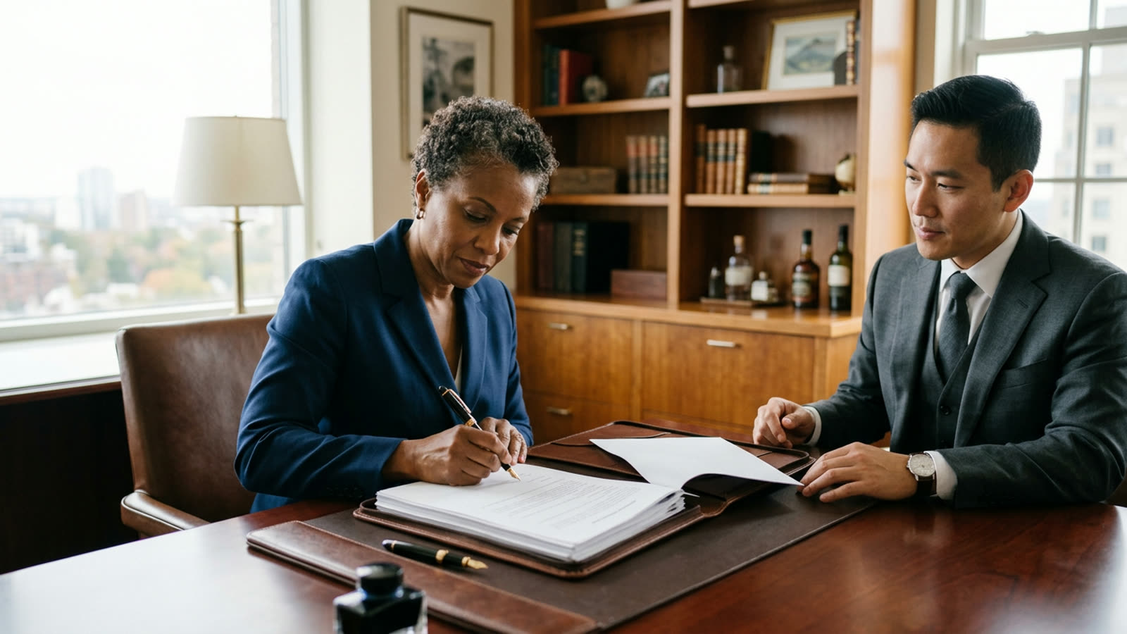 An affluent business owner signing trust papers with an estate planner in a refined private office, a fountain pen and leather folder