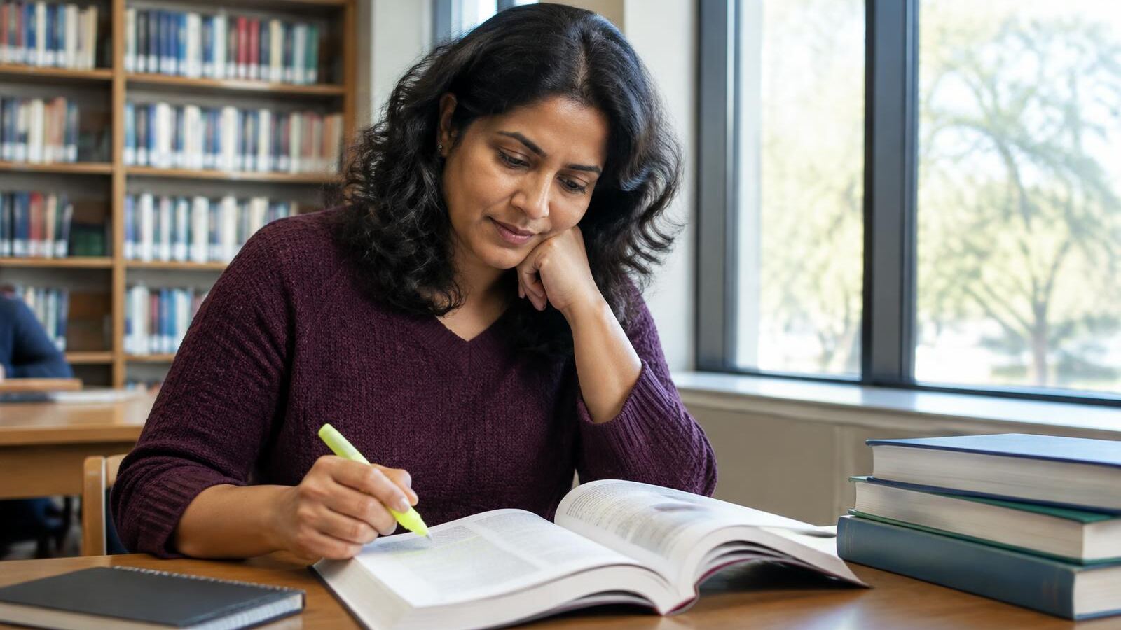 Woman highlighting a book at a library table
