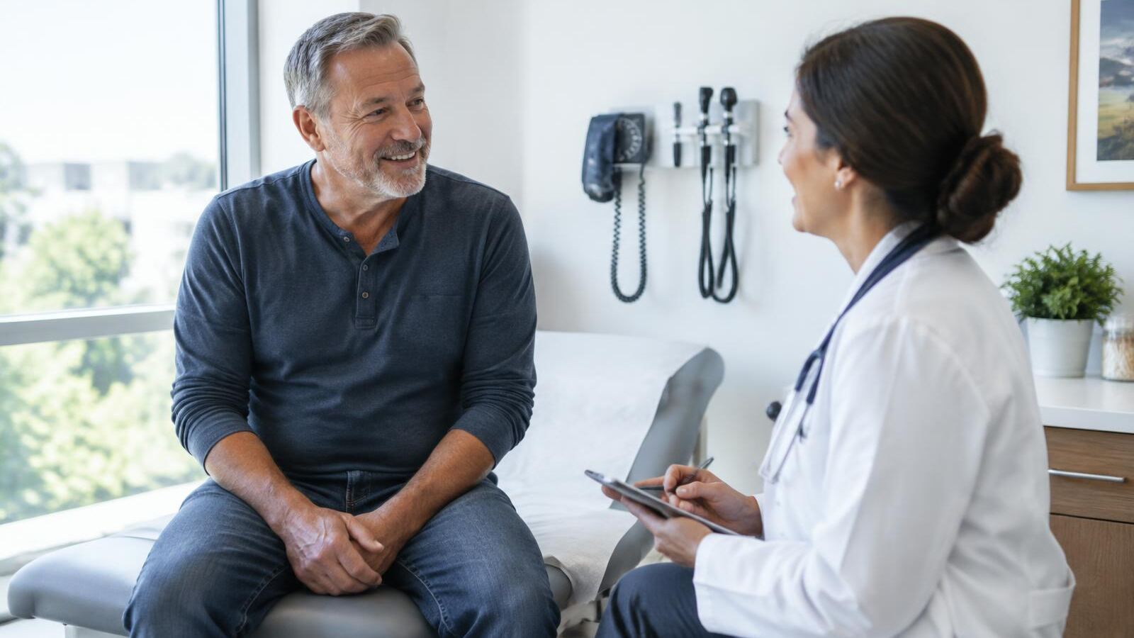 Man in his late fifties talking with his doctor in an exam room