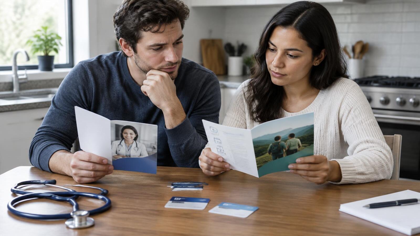 Couple comparing health insurance plan brochures at the kitchen table