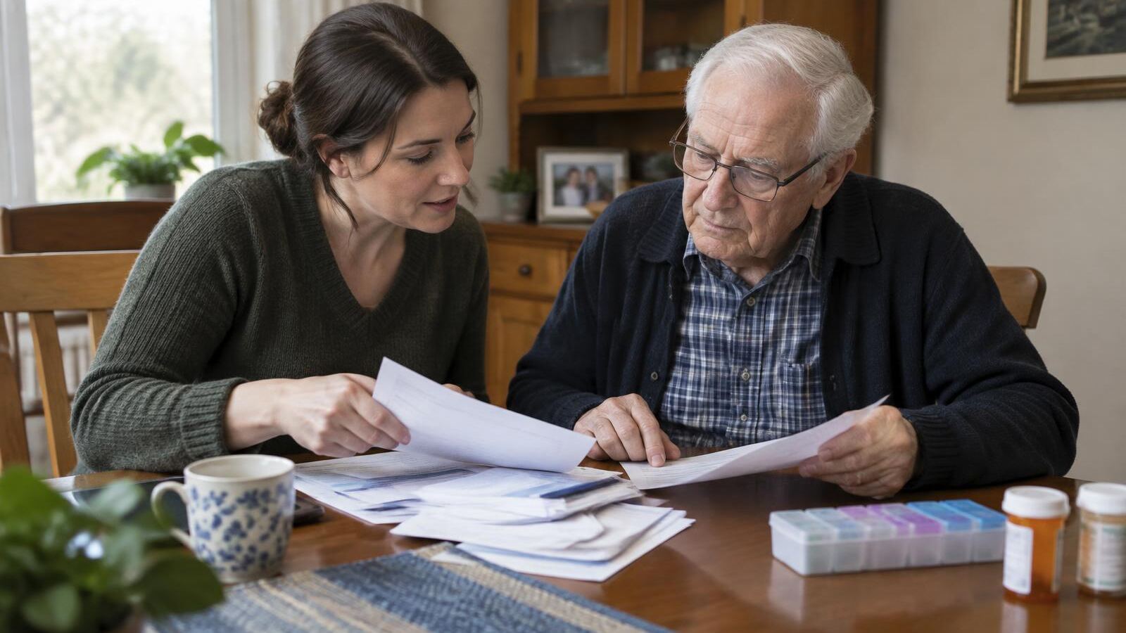 Daughter helping her elderly father review his bills