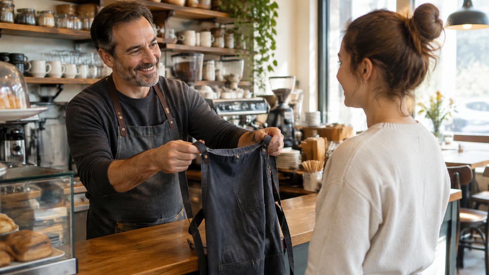 Café owner handing an apron to a new employee on her first day