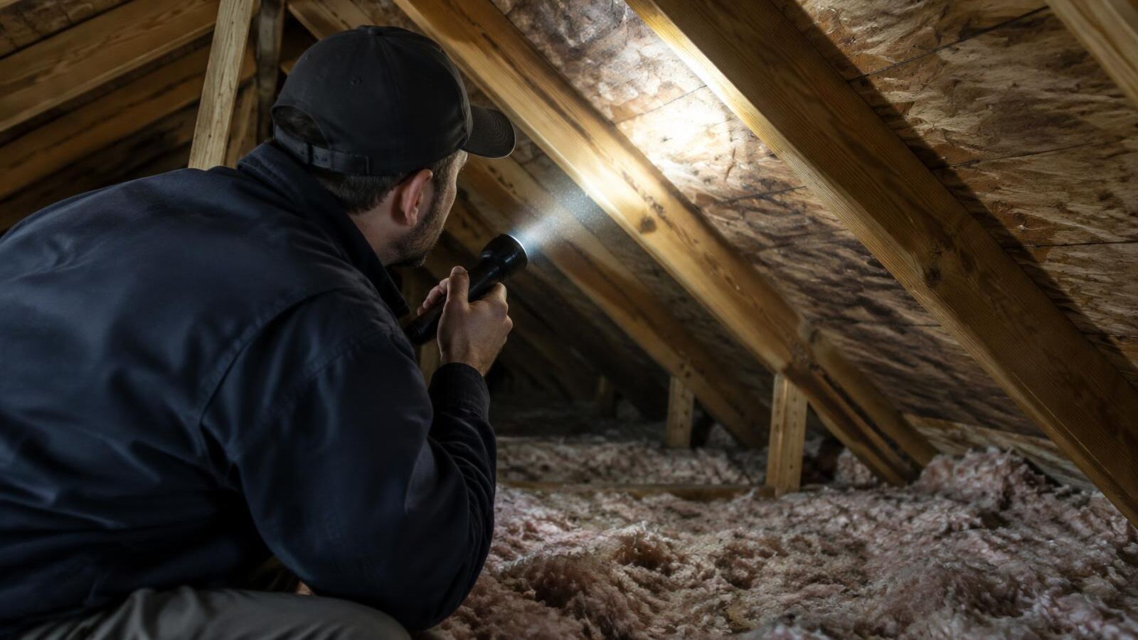 Home inspector checking attic rafters and insulation with a flashlight