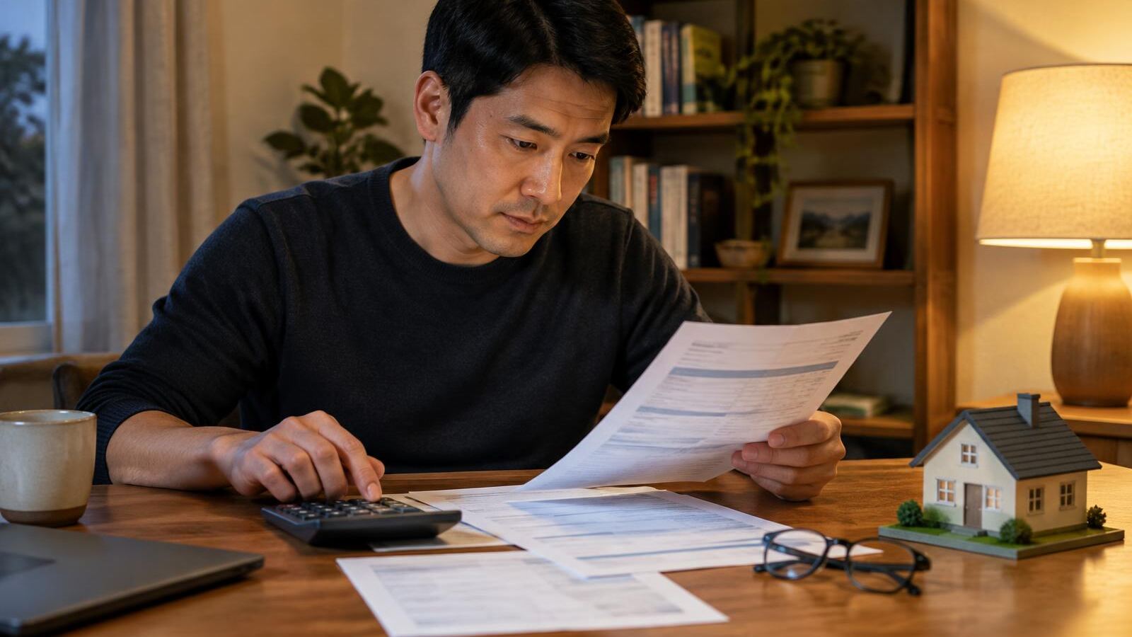 Man reviewing a mortgage statement with a calculator beside a small model house