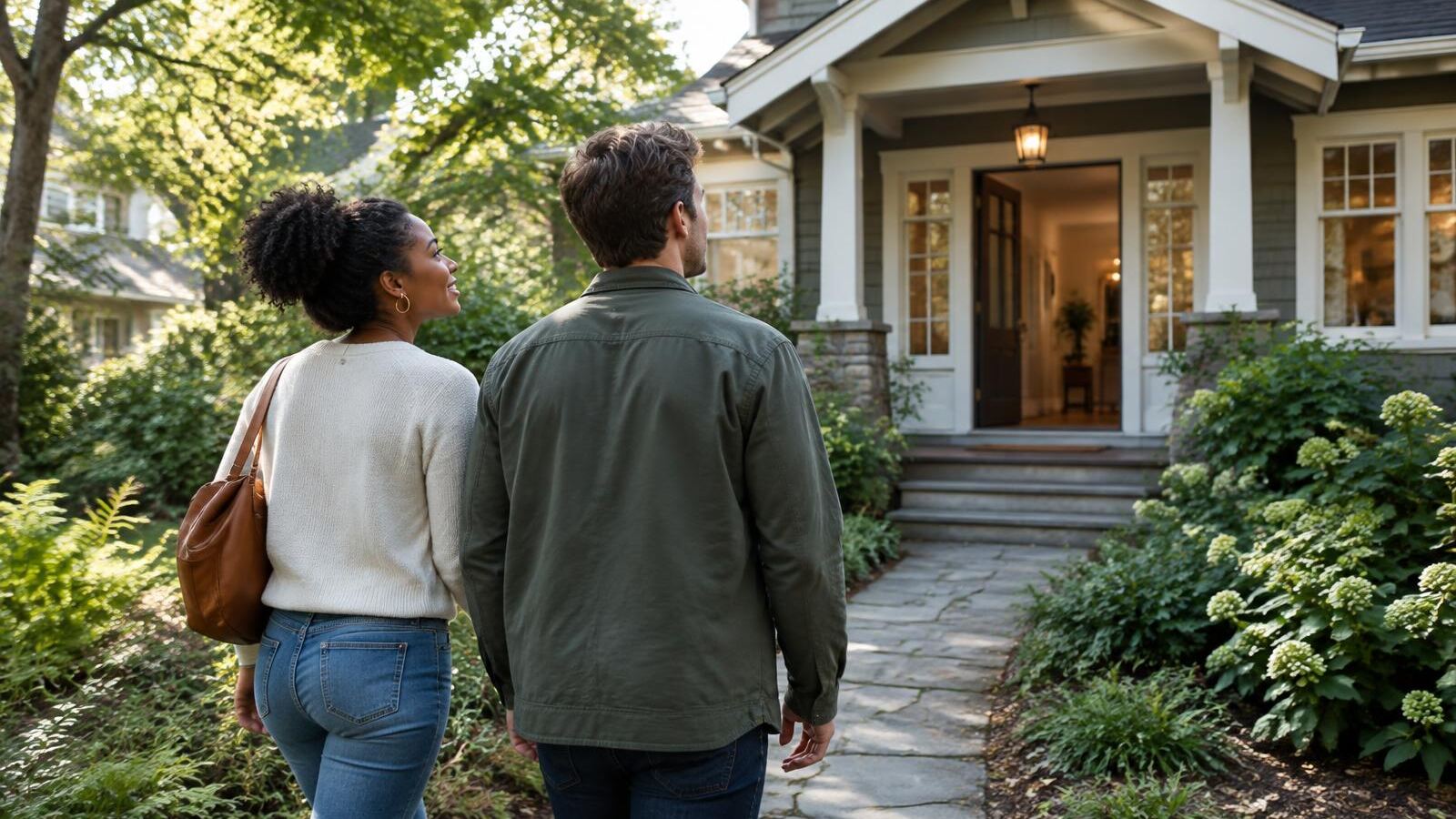 Couple walking up the path to an open house in a leafy neighborhood