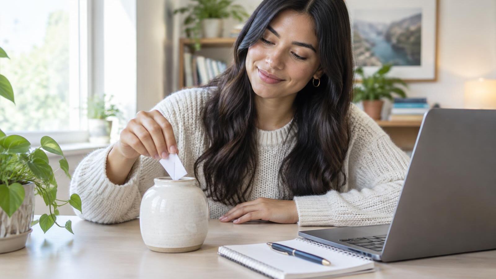 Woman dropping a note into a savings jar at her desk