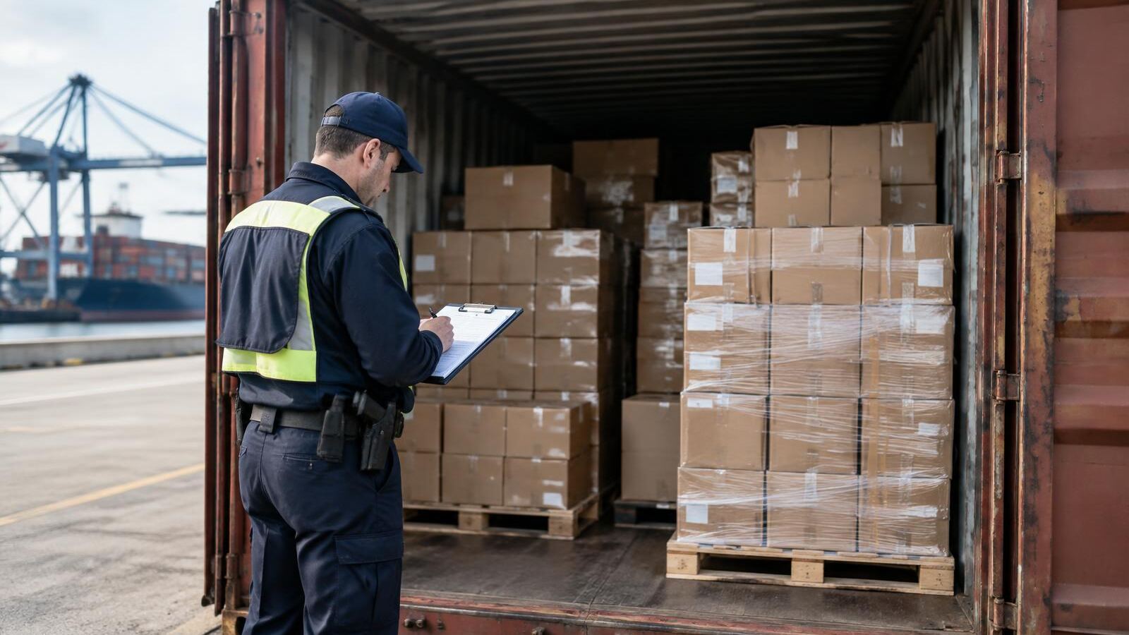 Customs inspector checking imported boxes in a shipping container