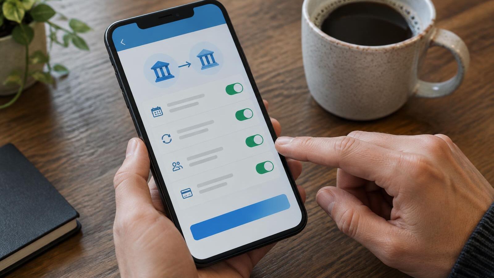 Hands setting up automatic transfers in a banking app