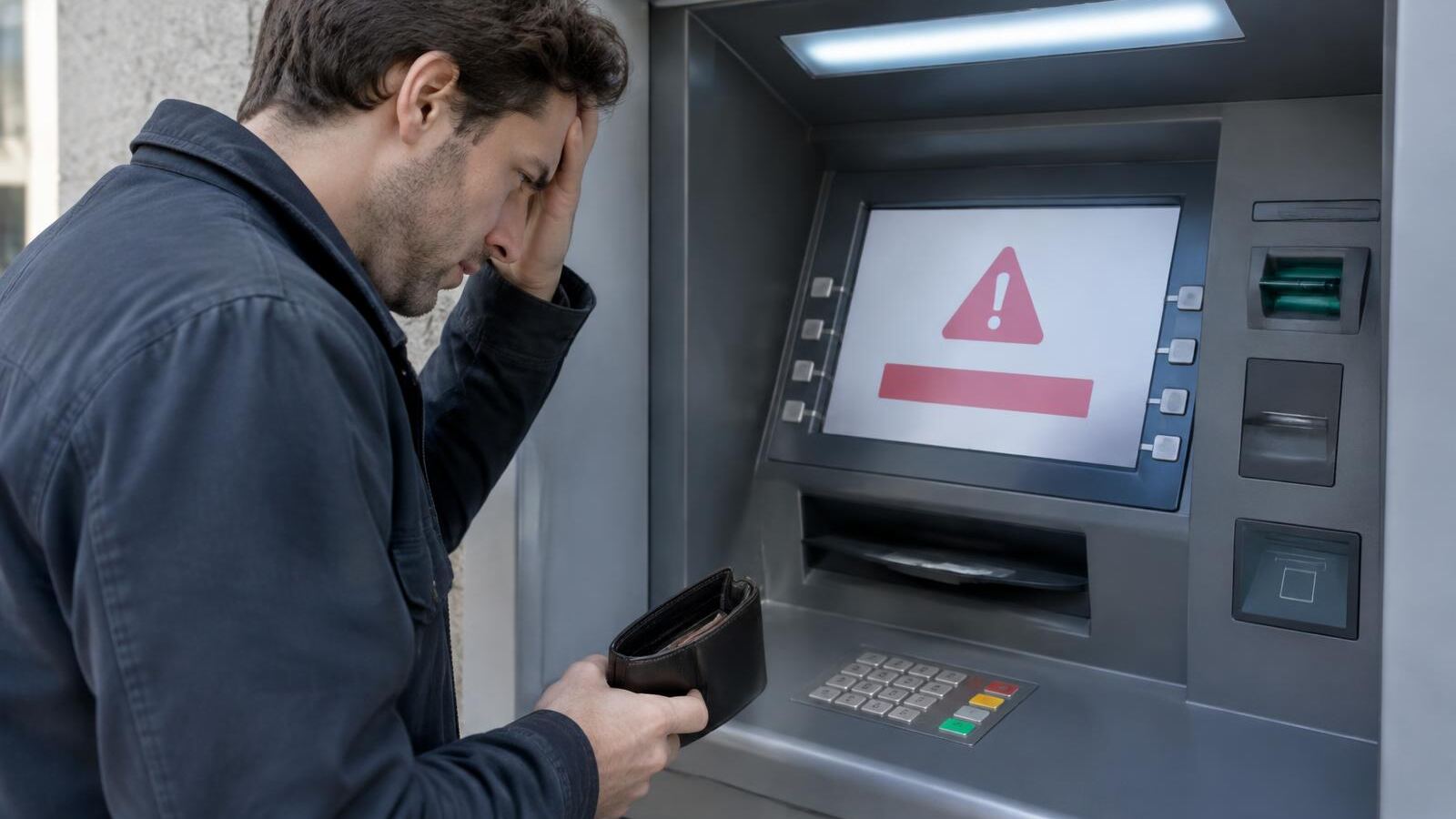 Frustrated man at an ATM showing a fee warning