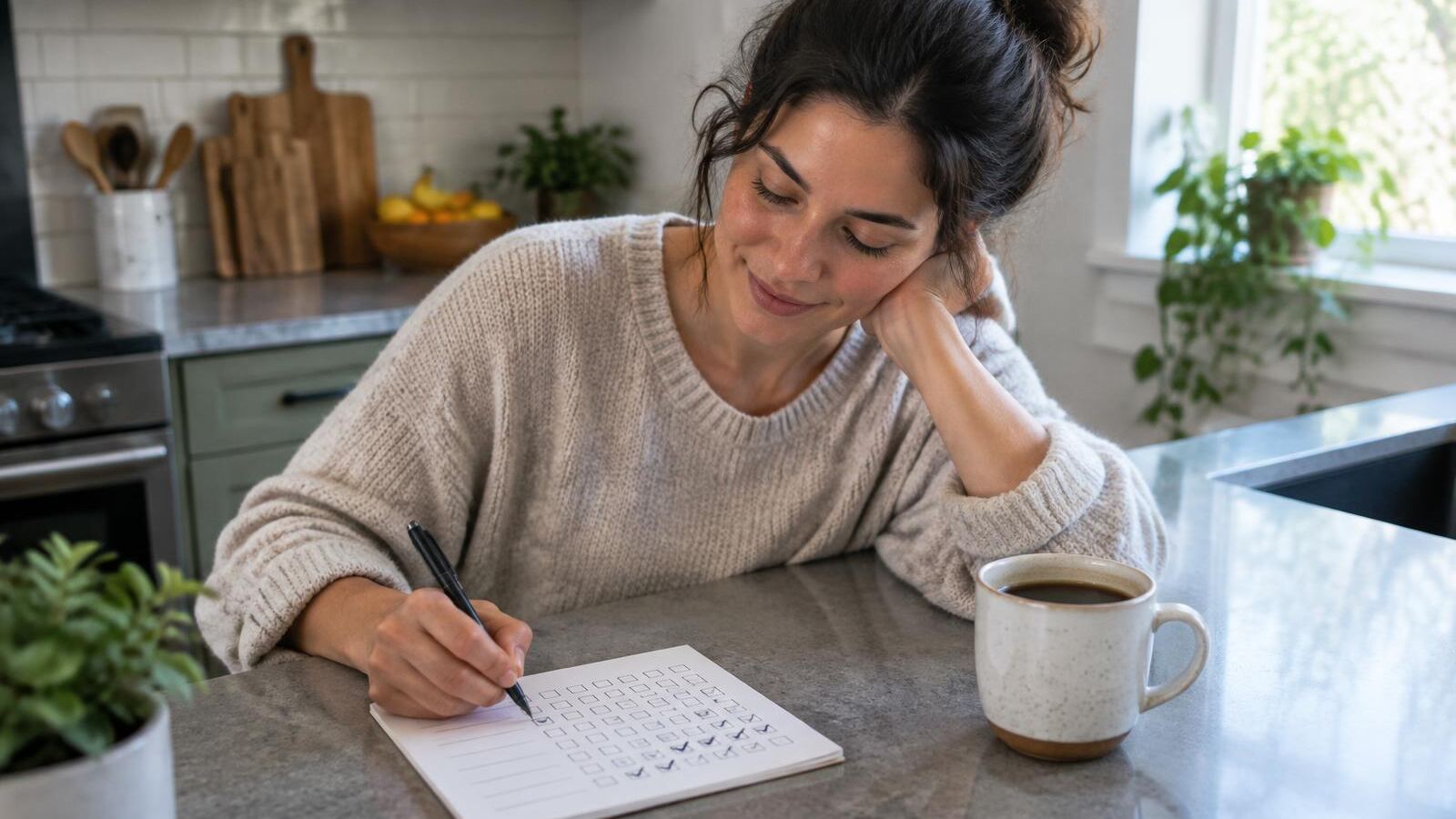 Woman checking off a habit tracker at her kitchen counter