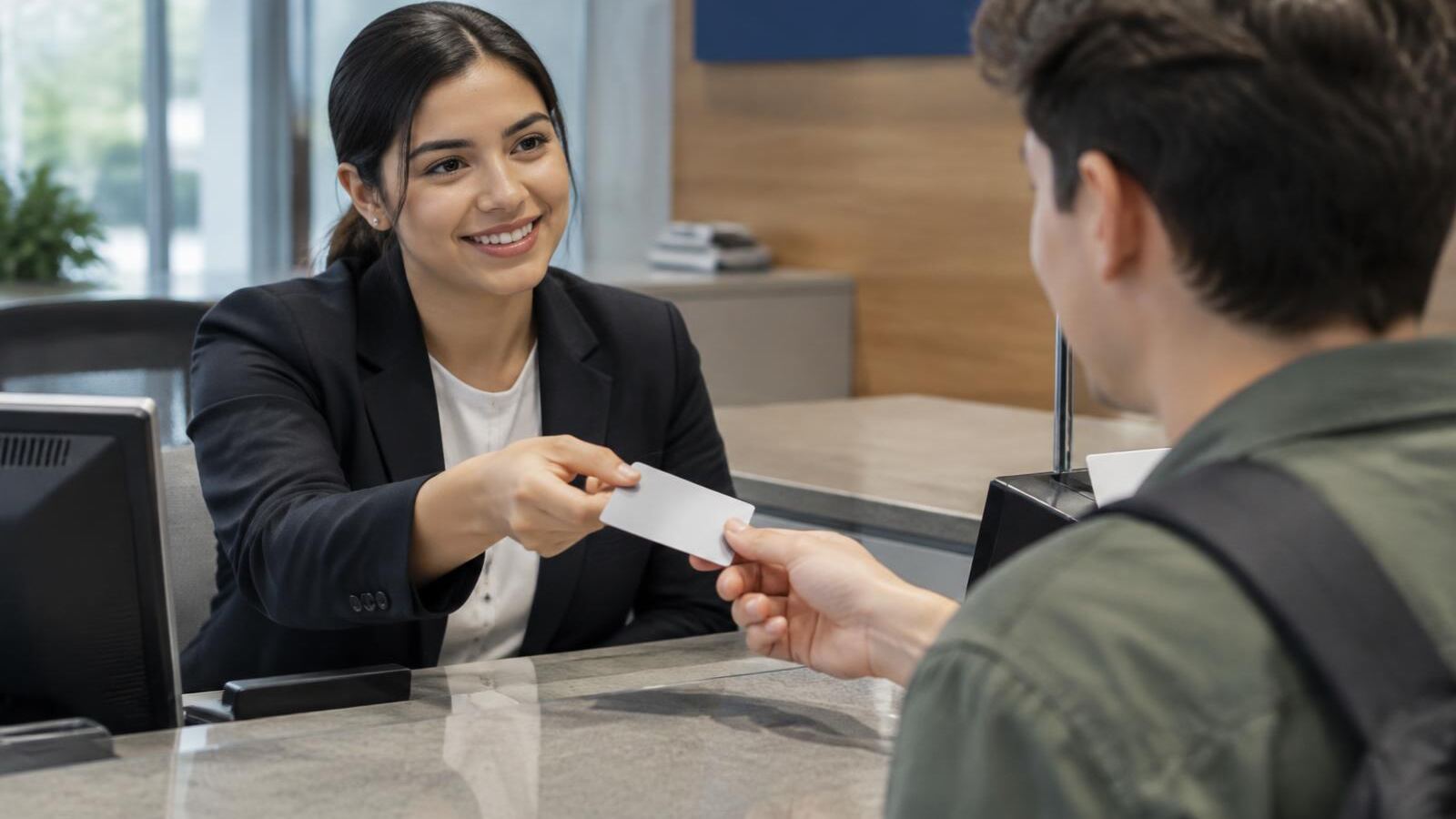 Young man receiving his first credit card from a bank employee