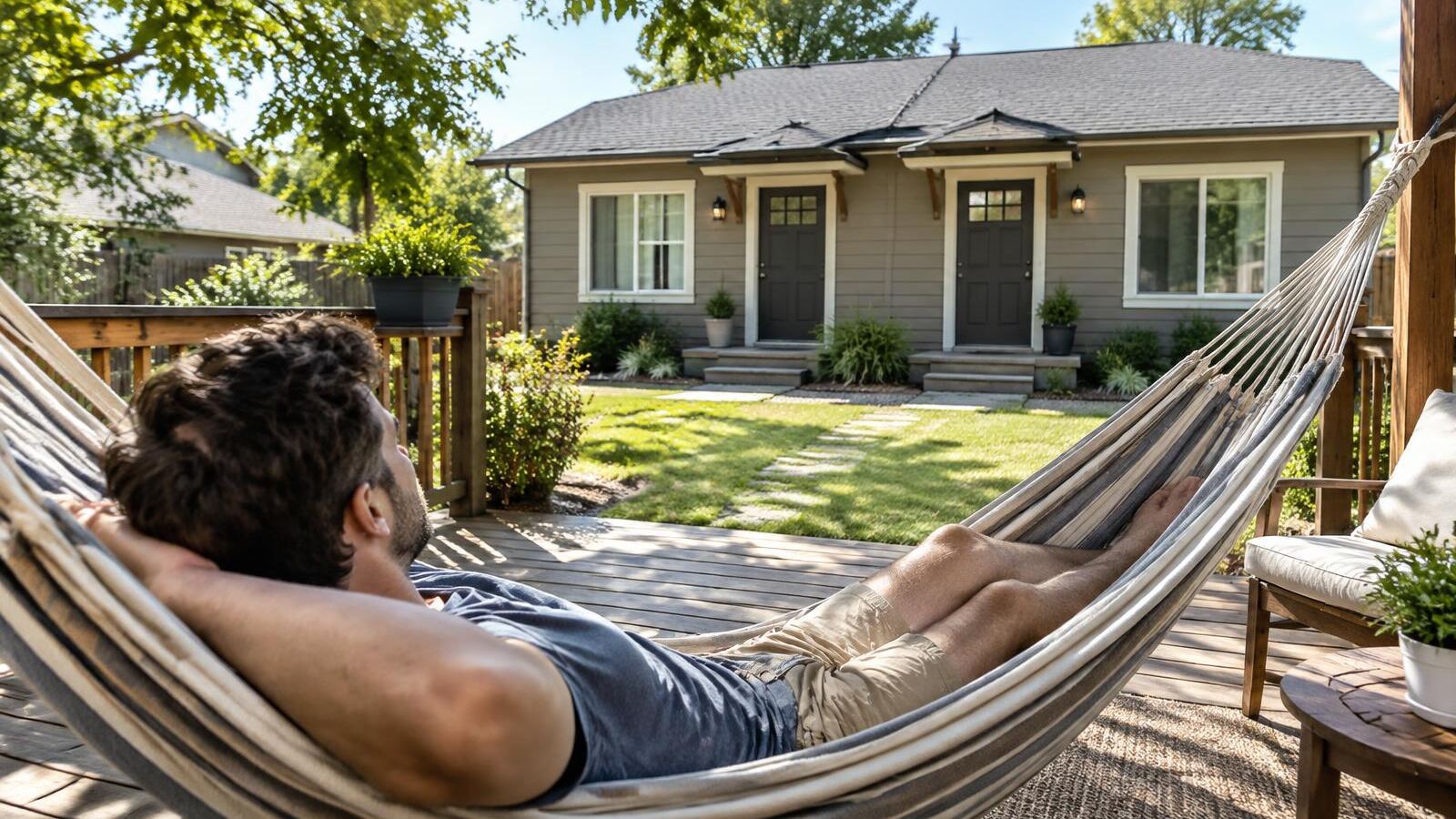 Man relaxing in a hammock with a small duplex rental behind him
