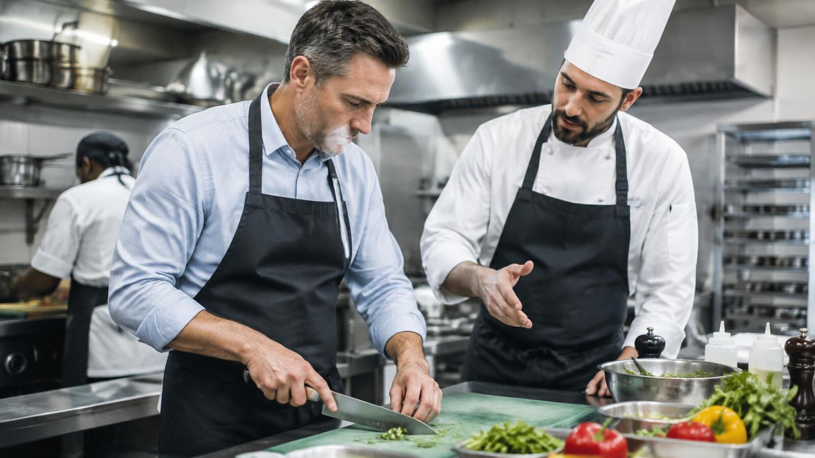 Career changer learning knife skills from a chef in a professional kitchen