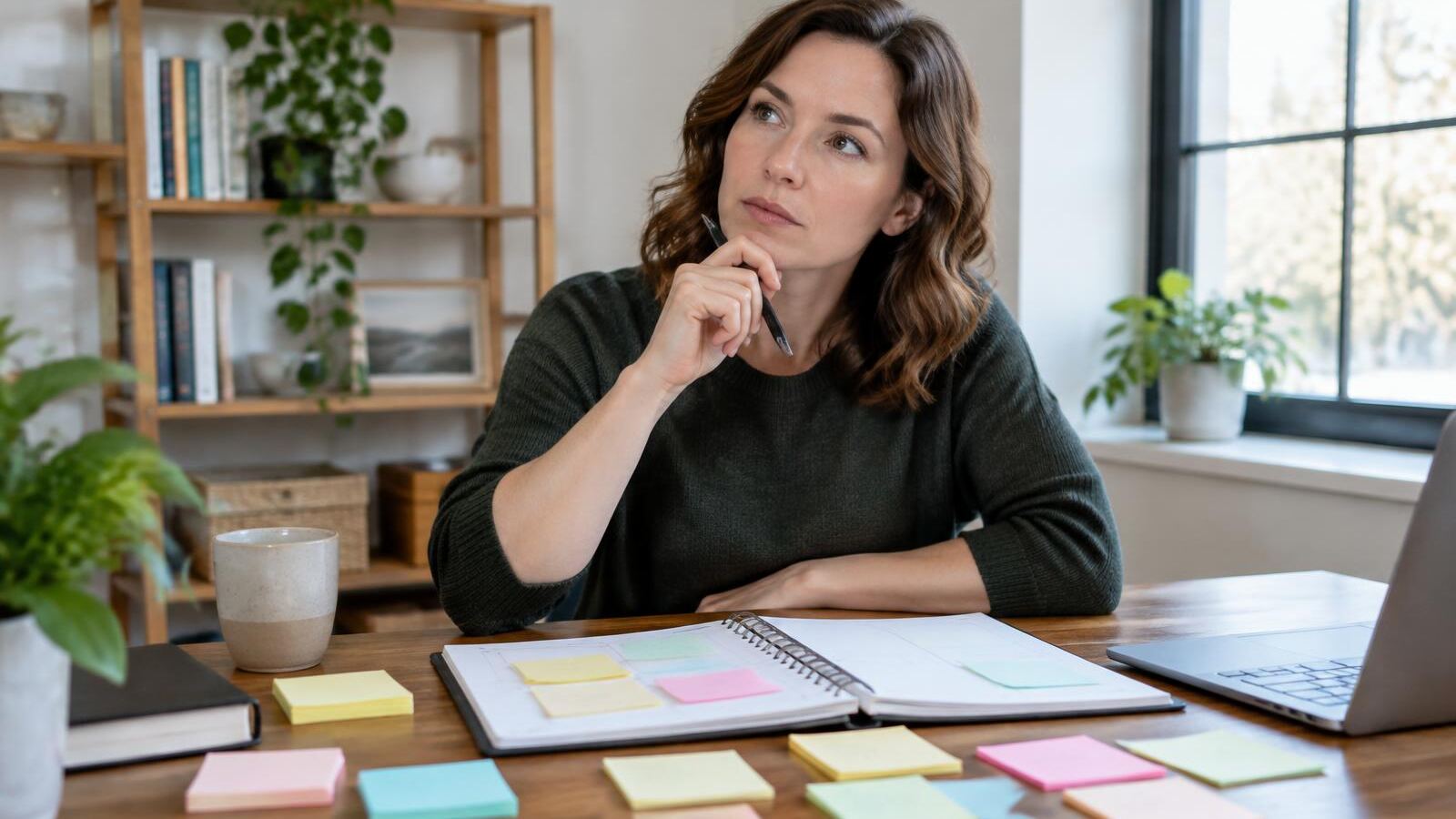 Woman brainstorming side hustle ideas with sticky notes and a planner
