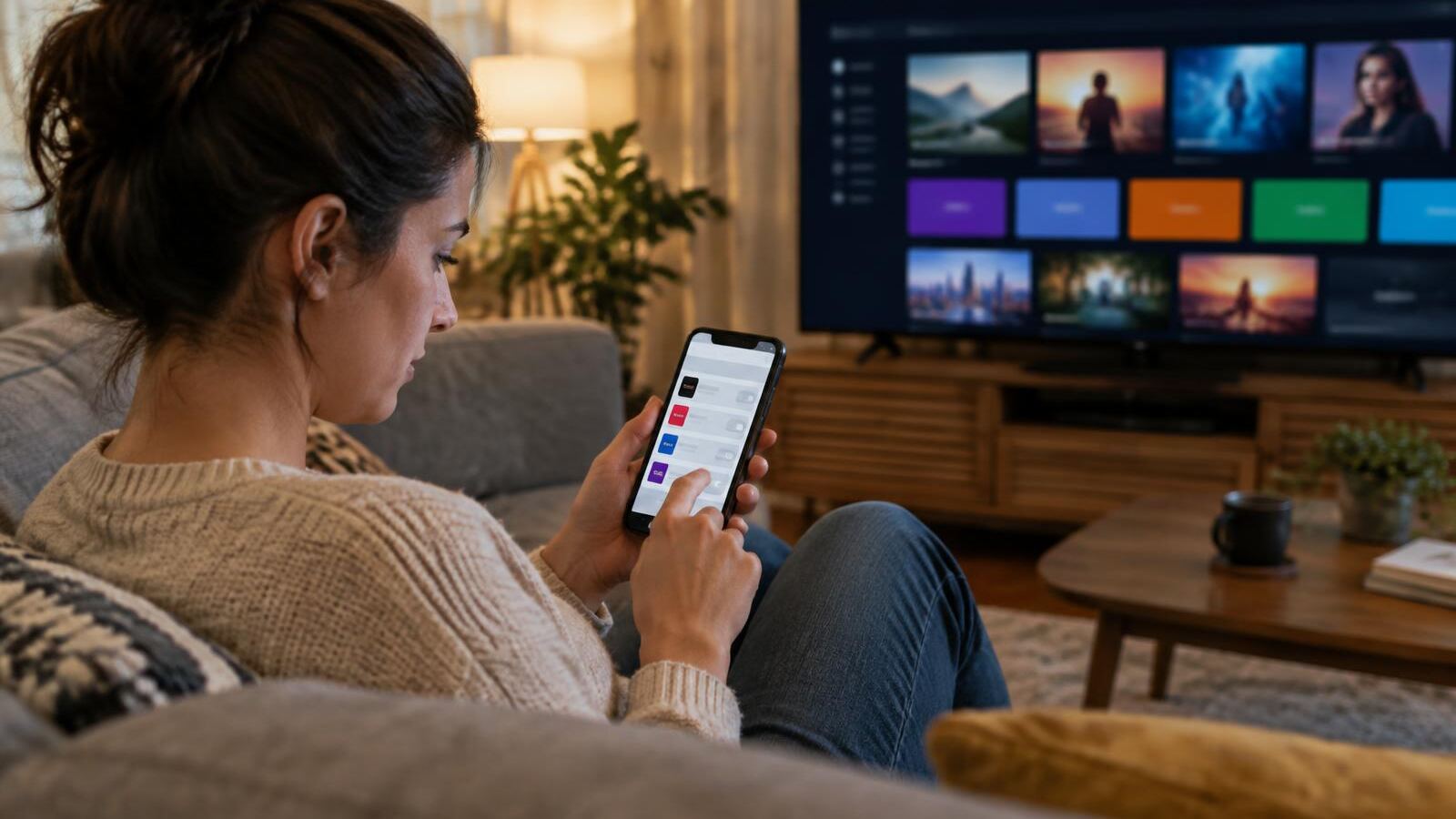 Woman reviewing streaming subscriptions on her phone in front of the TV