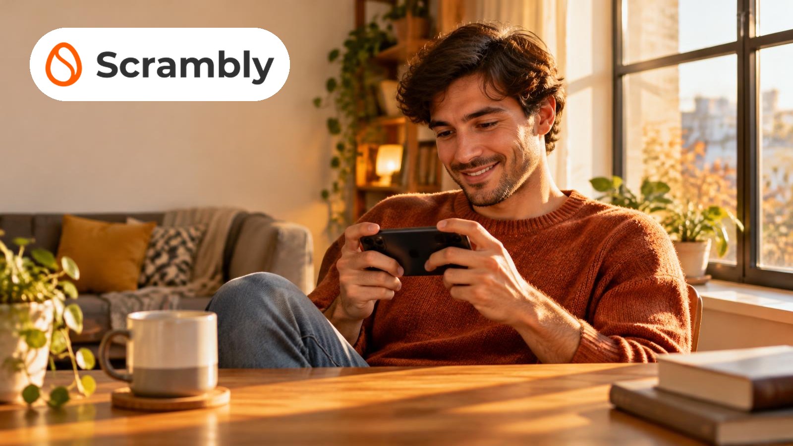 Man playing a game on his phone at home in golden light, with the Scrambly logo