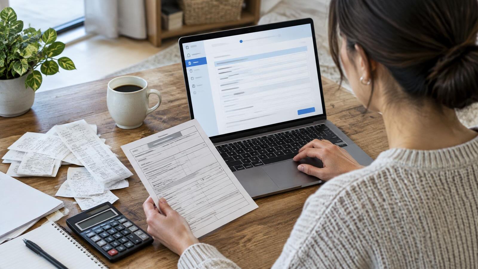 Woman filing her tax return online with forms and a calculator