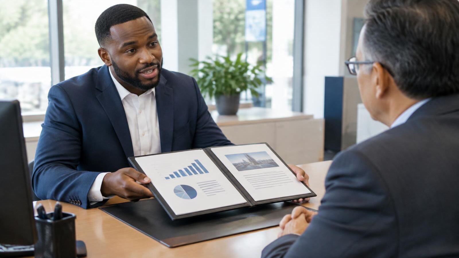 Entrepreneur presenting a business plan to a banker